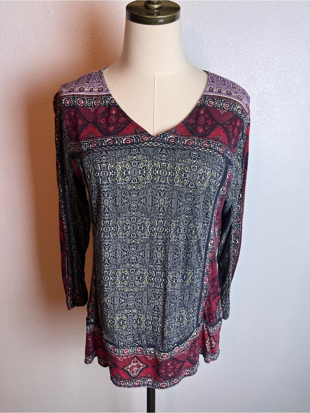 Lucky Brand Long Sleeve V-Neck Printed Top in Red, Black & Purple